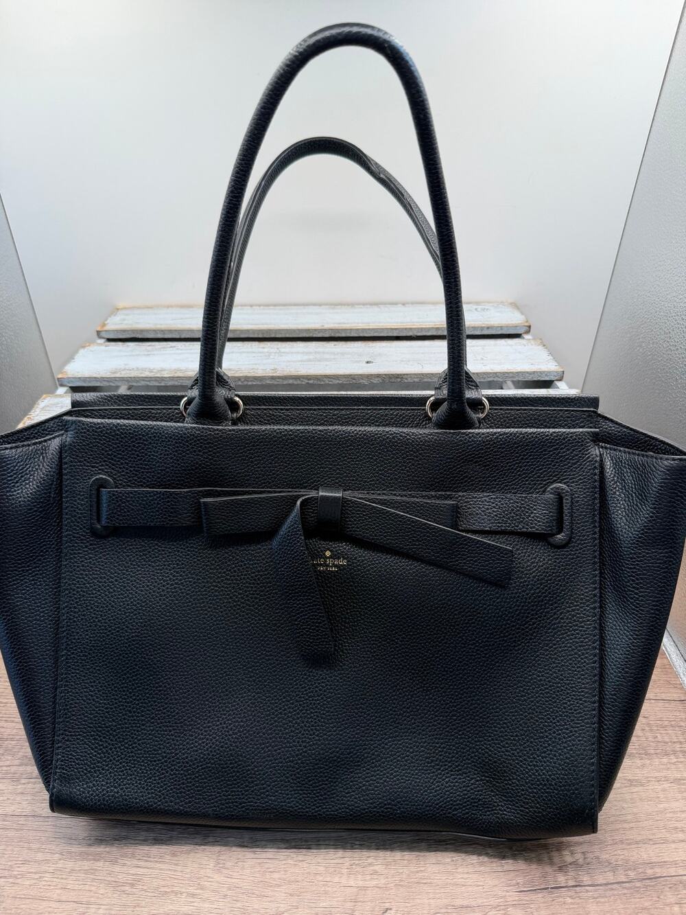 KATE SPADE Black Pebbled Leather Bow Shoulder Bag Tote Purse /Work Carryall Bag